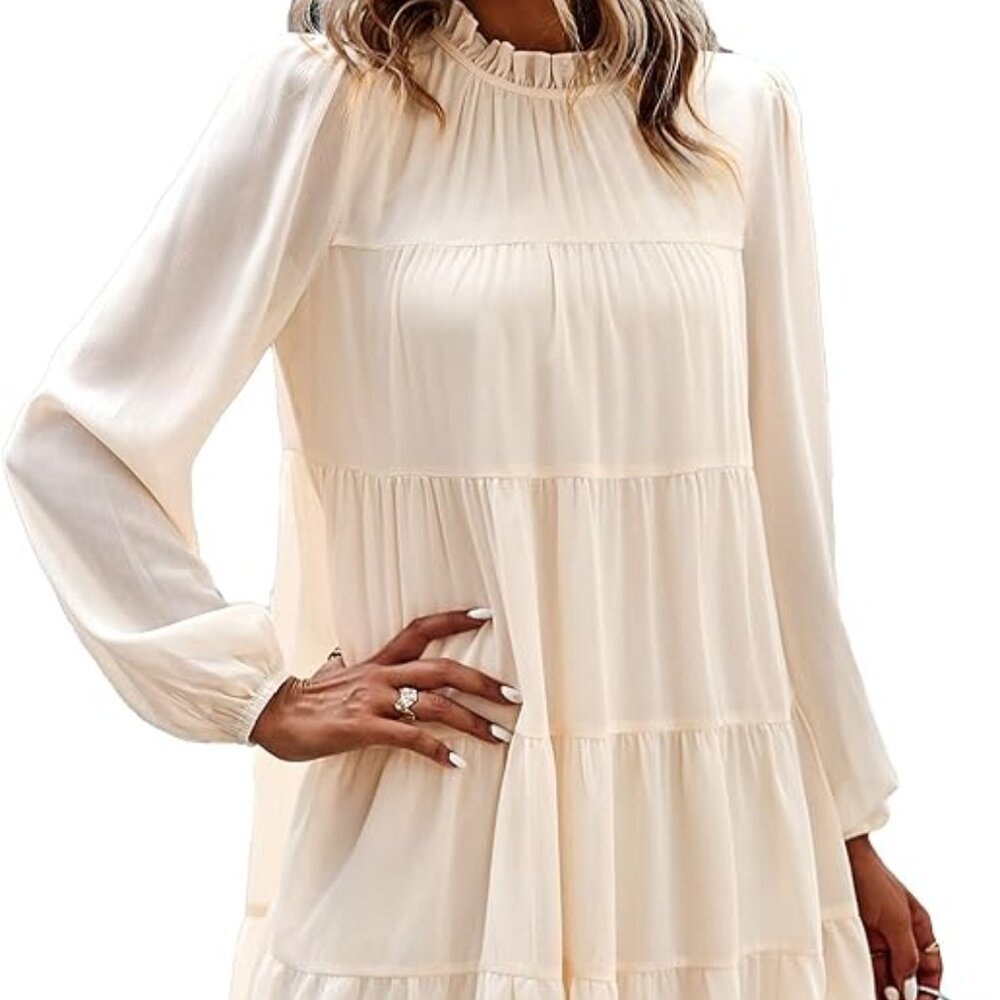 Women's Tunic Long Sleeve Ruffle Mock‎ Neck Tiered Mini Babydoll Dress